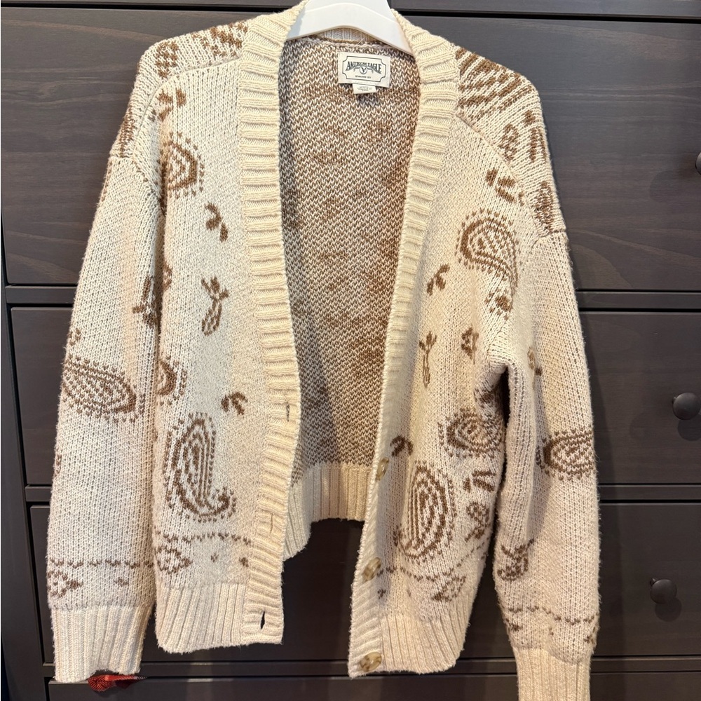 American Eagle Outfitters Cream and Brown Cardigan